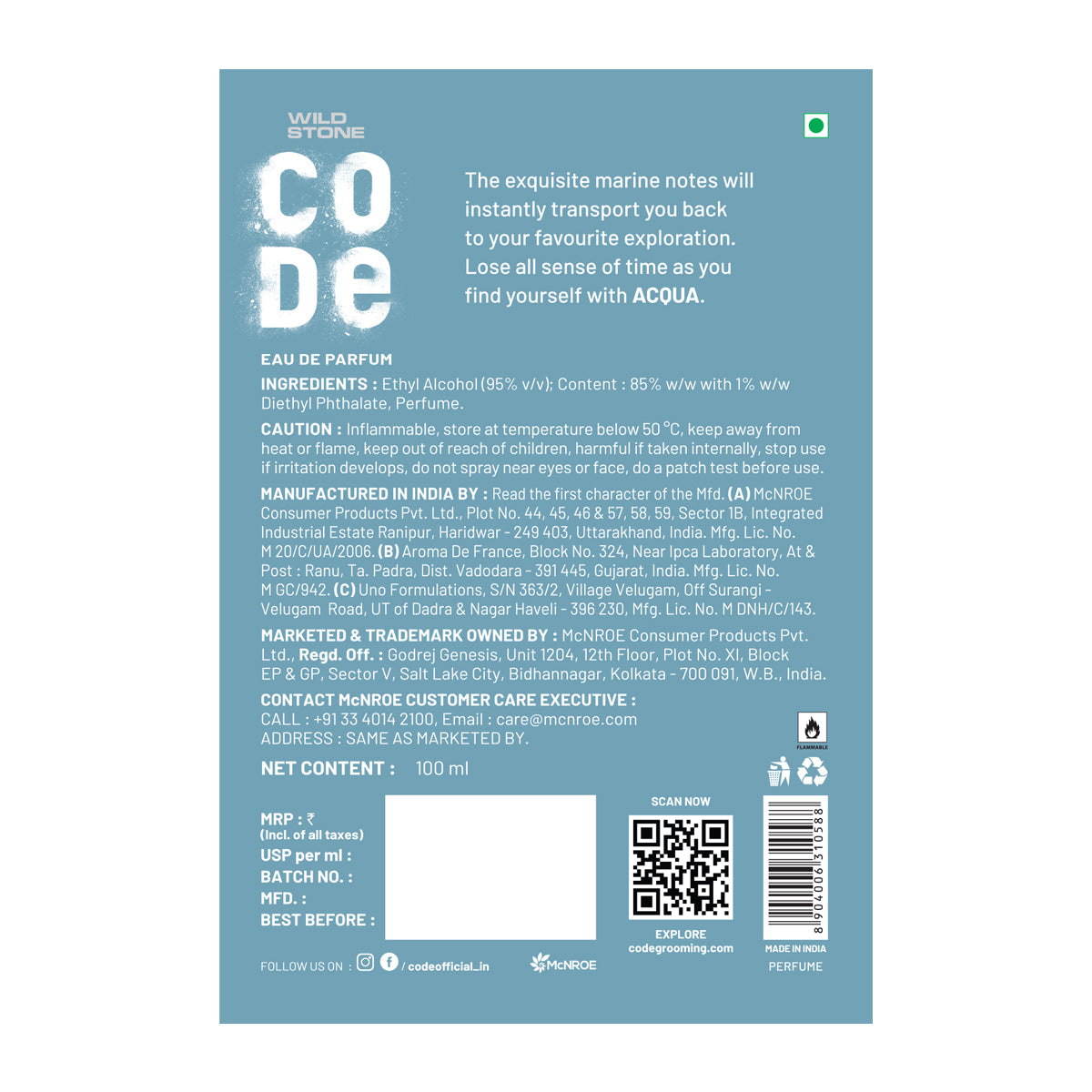 CODE Acqua Luxury Perfume (100ml + 8ml ) and Chrome Body Perfume 150ml Combo