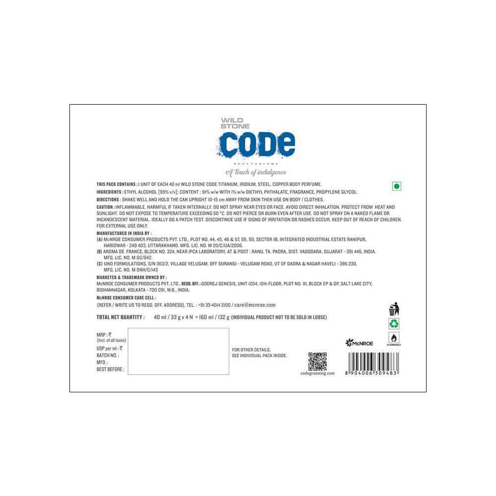 CODE Body Perfume Travel Pack 40 ml each (Titanium, Iridium, Steel & Copper)