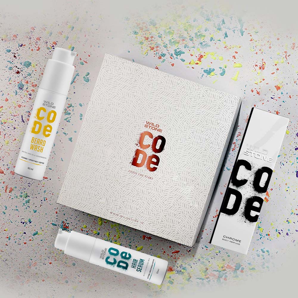 CODE gift box of hair serum, chrome perfume and beard wash