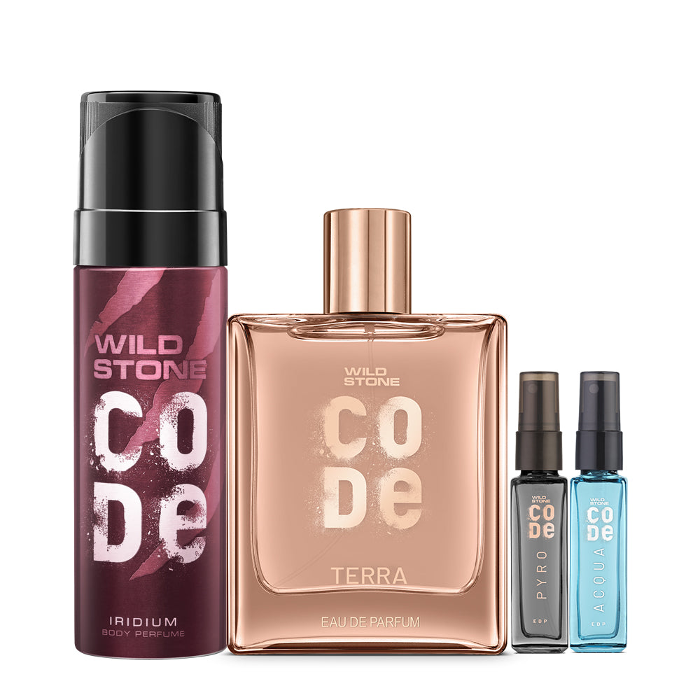 CODE Terra Luxury Perfume 100ml, Iridium Body Perfume 120ml, Acqua & Pyro Luxury Perfume (8ml each)