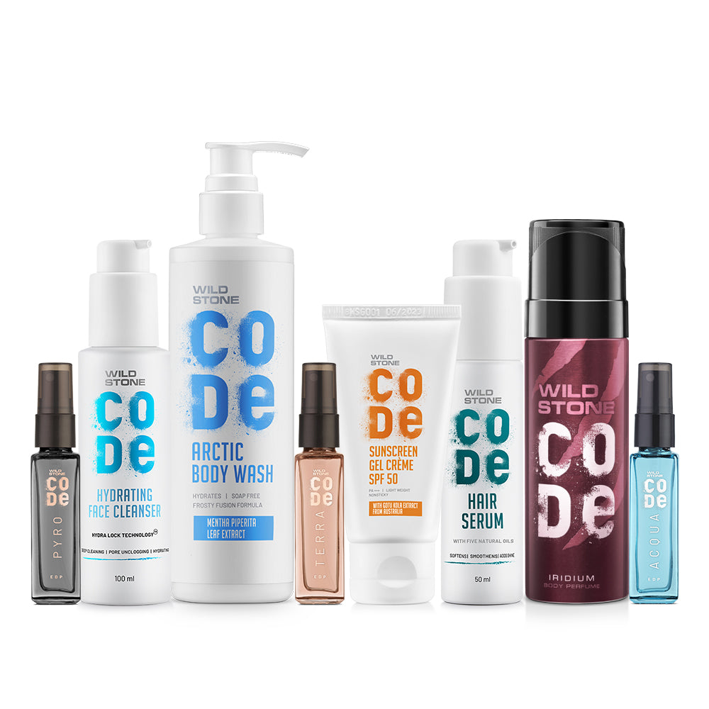 Summer Selfcare Combo - Arctic Body Wash + Sunscreen Gel Creme + Hair Serum + Hydrating Face Cleanser + Iridium 150ml, 8ml packs of 1 Acqua, 1 Terra and 1 Pyro Luxury Perfume