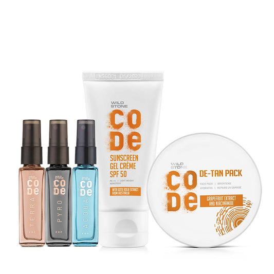 Refreshing Summer Pack - De-Tan Pack, Sunscreen Gel Creme & Pack of 3 Luxury Perfumes (Acqua, Pyro & Terra - 8ml each)