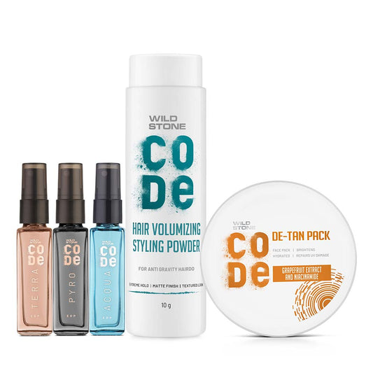 Suncare Combo - Hair Volumizing Styling Powder, De-Tan Pack & Pack of 3 Luxury Perfumes (Acqua, Pyro & Terra - 8ml each)