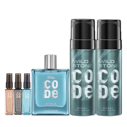 Relaxing Summer Combo - Acqua Luxury Perfume (100ml), CODE Steel Body Perfume - Pack of 2 (150ml each), Acqua, Pyro & Terra Luxury Perfumes (8ml each)