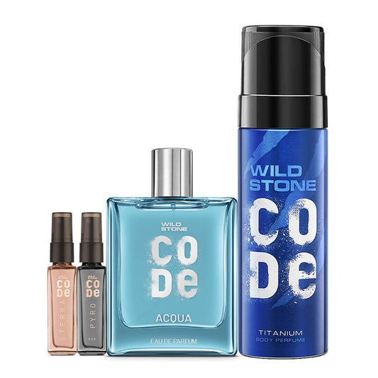 Luxury Grooming Set - Acqua Luxury Perfume (100ml), Titanium Body Perfume (150ml) & Terra + Pyro (8ml each)