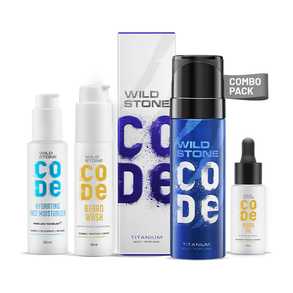 CODE face moisturiser, beard wash, titanium perfume and beard oil