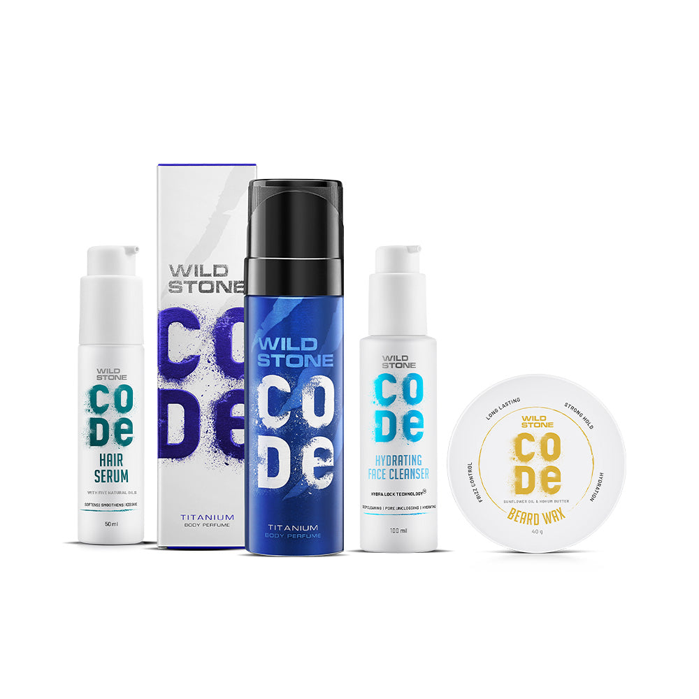 CODE hair serum, titanium perfume, face cleanser and beard wax