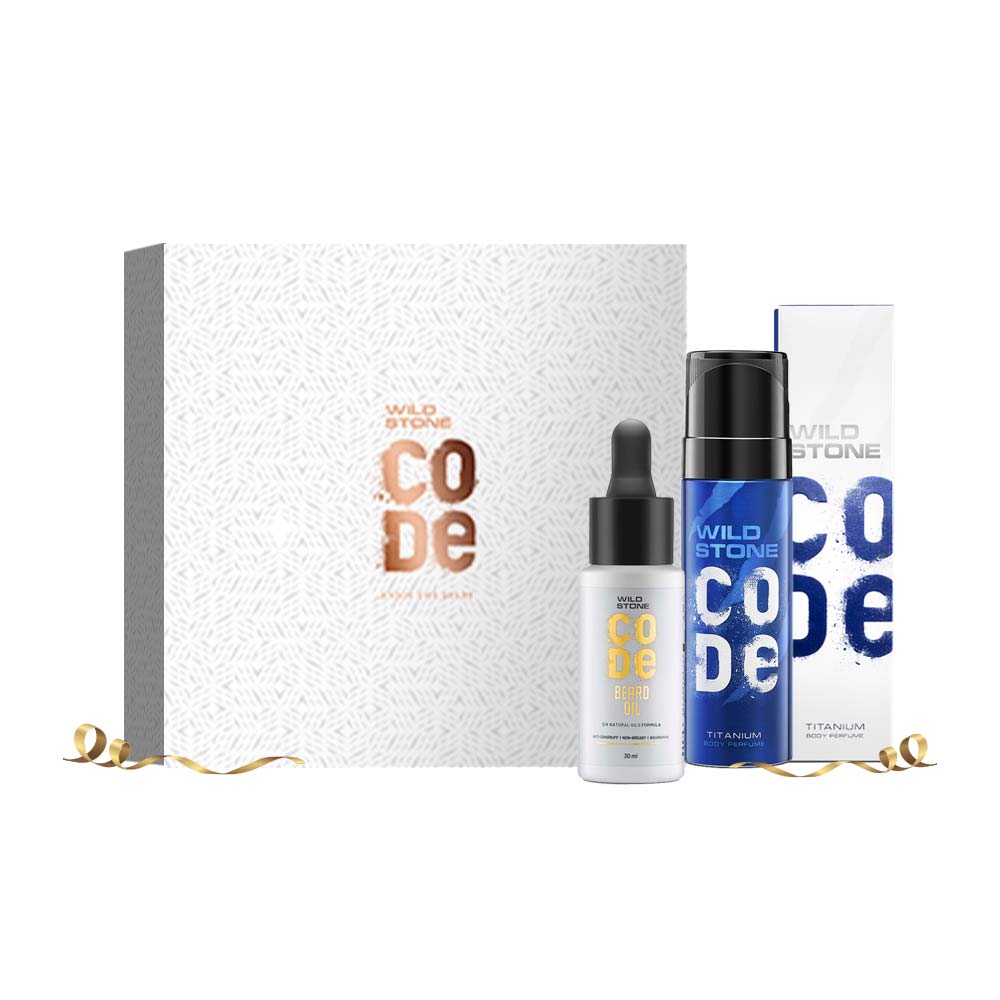 Wild Stone CODE Gift Pack for Men, Titanium Body Perfume 120 ml & Beard Oil 30 ml
