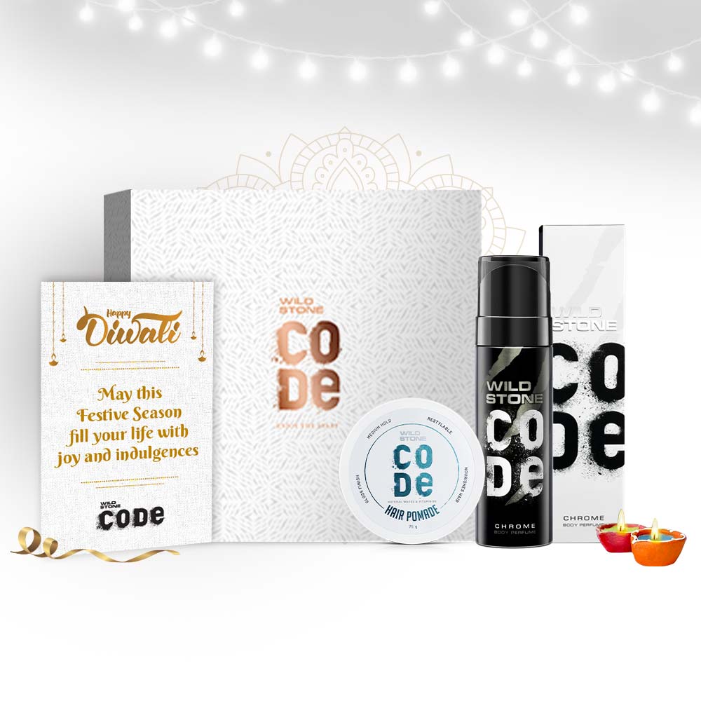 Wild Stone CODE Diwali Gift Combo with Chrome Body Perfume, Hair Pomade & 2 Diyas