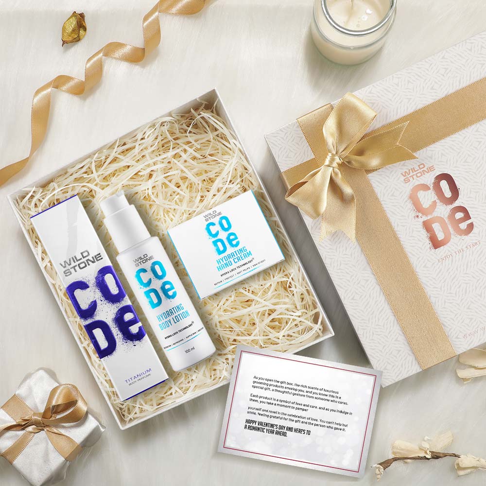 Valentine Gift Box with CODE Hydrating Body lotion, Hand Cream & Titanium Body perfume