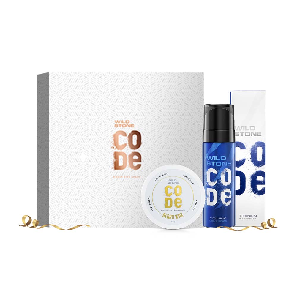 Wild Stone CODE Gift Pack for Men, Titanium Body Perfume 120 ml & Beard Wax 40 gm