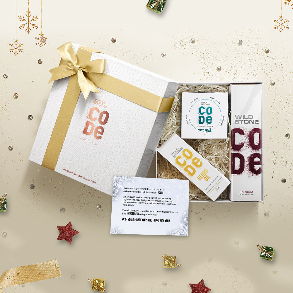 Wild Stone CODE Christmas Gift Pack with, Iridium 120ml, Beard Oil & Wax 75gm with Gift Card