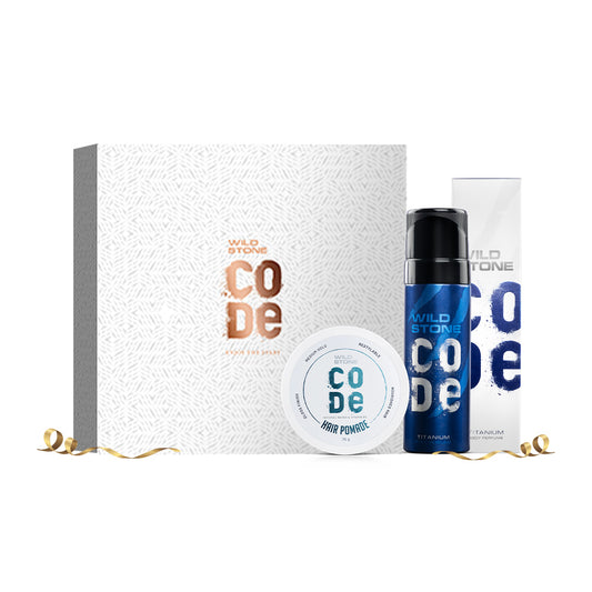 Wild Stone CODE Gift Pack for Men, Titanium Body Perfume 120 ml & Hair Pomade 40 gm