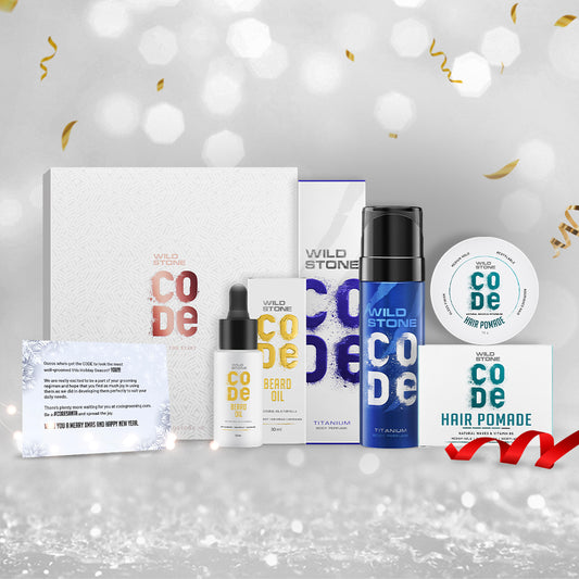 Wild Stone CODE New Year Gift Hamper with Titanium Body Perfume 120ml, Beard Oil 30ml & Hair Pomade 40gm with Gift Card