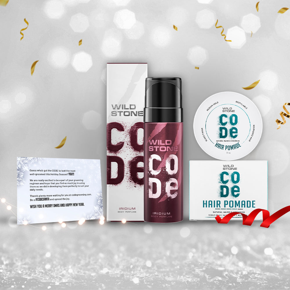 New Year Gift Hamper with Wild Stone CODE Iridium Body Perfume & Hair Pomade with Gift Card 2
